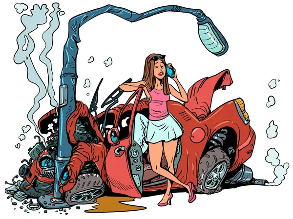 Bir kadın arabasıyla kaza yapmış, sokak lambasına çarpmış. Çağırmak çözüm değil. Her şeyden önce güvenlik. Çizgi roman pop sanat retro vektör illüstrasyon el çizimi