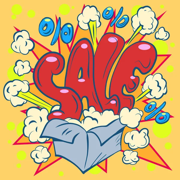 特殊効果の赤い銘文販売は灰色の箱から爆発する 爆発的なプロモーション オファー 割引の発表 漫画ポップアートレトロベクトルイラストハンドドローイング — ストックベクタ