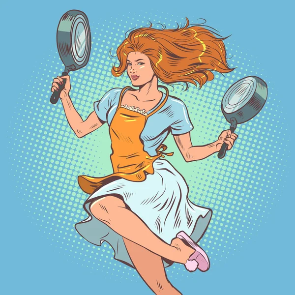 Girl Red Hair Carries Frying Pans Choice Products Dishes Home — 스톡 벡터