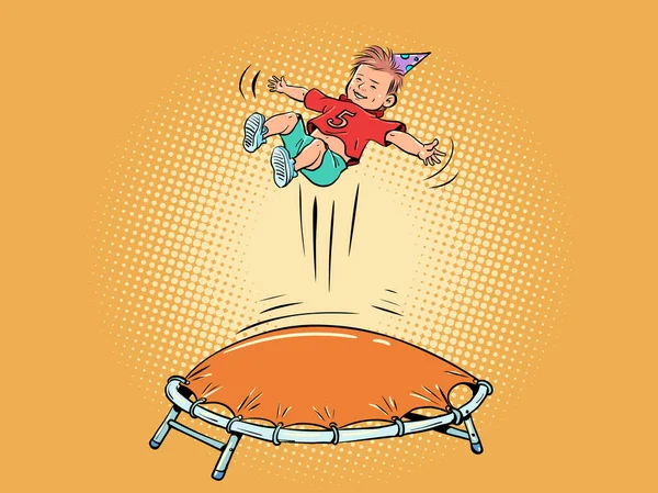 少年はトランポリンでジャンプしている 子供の誕生日のためのエンターテイメント 子供のためのエンターテイメントセンターの広告 漫画ポップアートレトロベクトルイラストハンドドローイング — ストックベクタ
