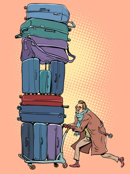 Man Coat Scarf Took Lot Luggage Sets Him Relocation Person — Archivo Imágenes Vectoriales