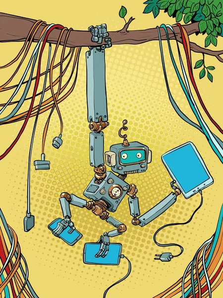 Robot Monkey Hangs Tree Branch While Surrounded Lot Technology Synthesis — Wektor stockowy