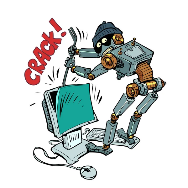 Humanoid Robot Robber Thief Cap Hacks Your Computer Problem Security — Vetor de Stock