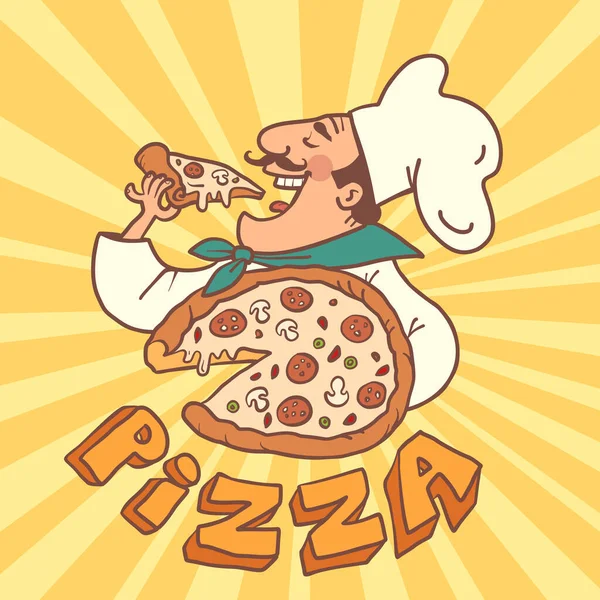 Man Cap Chef Uniform Holding Eating Pizza Italian Signature Restaurant — Image vectorielle