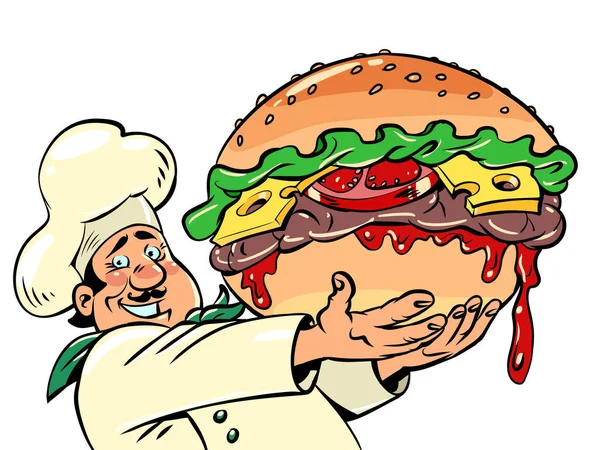 Chef Com Enorme Hambúrguer Restaurante Rua Fast Food Delicioso Cheeseburger — Vetor de Stock