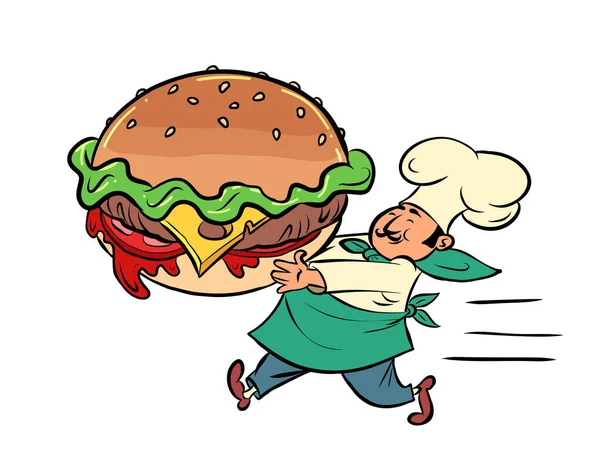 汉堡包和厨师 餐馆快餐街烹调 漫画流行艺术复古插图手绘 — 图库矢量图片