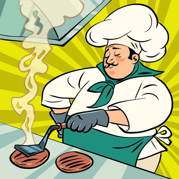 シェフの男はハンバーガー用のカツを揚げ ファーストフードレストラン街の料理 漫画ポップアートレトロなイラストハンドドローイング — ストックベクタ