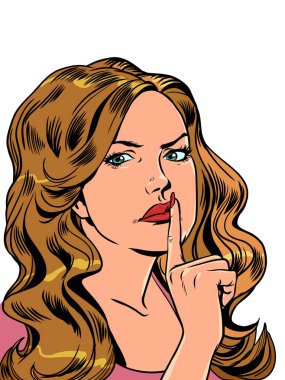 Odada huzur ve sessizlik. Sır saklama ihtiyacı. Kız sessizlik işareti gösteriyor. Çizgi roman pop sanat retro vektör illüstrasyon el çizimi. Beyaz bir arkaplanda