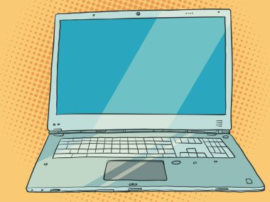 Bilgisayar gereçleri. Veri ve bilgi depolama teknolojisi. İnsansız dizüstü bilgisayar. Çizgi roman pop sanat retro vektör illüstrasyon el çizimi