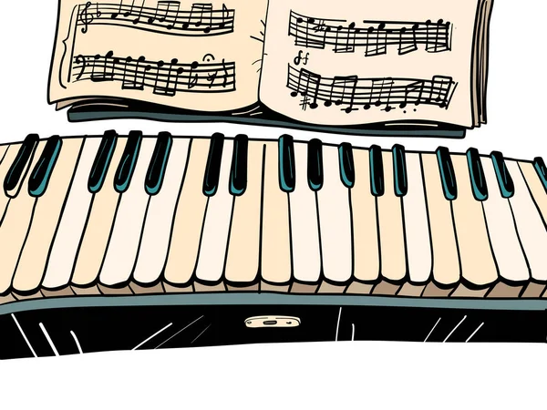 楽器で買い物をする ピアノとノート 人生はクラシック音楽です 黒と白のキー漫画ポップアートレトロベクトルイラストハンドドローイング 白地に — ストックベクタ