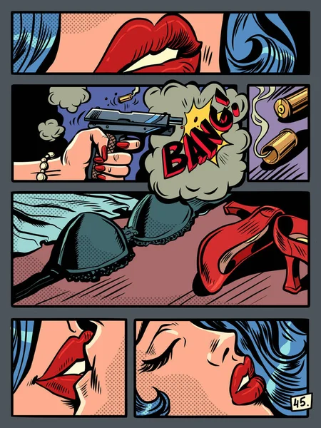 古いアメリカの漫画の美学 致命的な愛 ロマンチックなギャングの銃撃戦犯罪スリラーコミック漫画ポップアートレトロベクトルイラストハンドドローイング — ストックベクタ