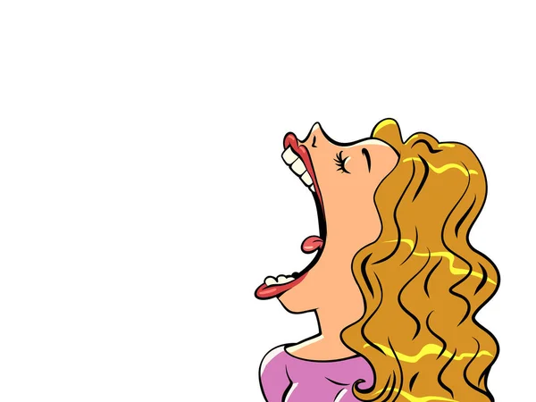 Dívka Zlatými Vlasy Otevře Ústa Dokořán Spotřeba Zákazníků Komiks Karikatura — Stockový vektor