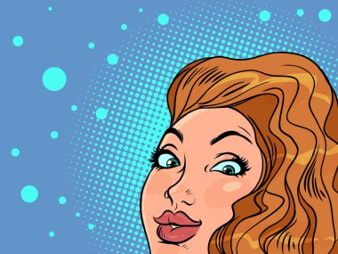 Müşteri bir ürün ya da servise ilgi duyuyor. Beklenmedik bir görünüş. Kızıl saçlı bir kız yukarı bakıyor. Çizgi roman pop sanat retro vektör illüstrasyon el çizimi