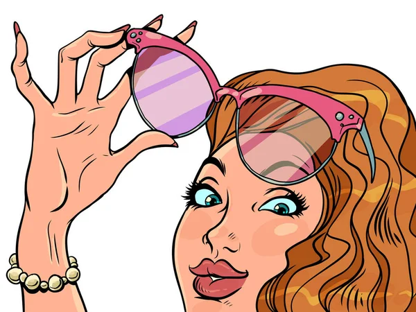 Nakupujte Dámské Šperky Brýle Ruka Manikúrou Drží Sluneční Brýle Její — Stockový vektor
