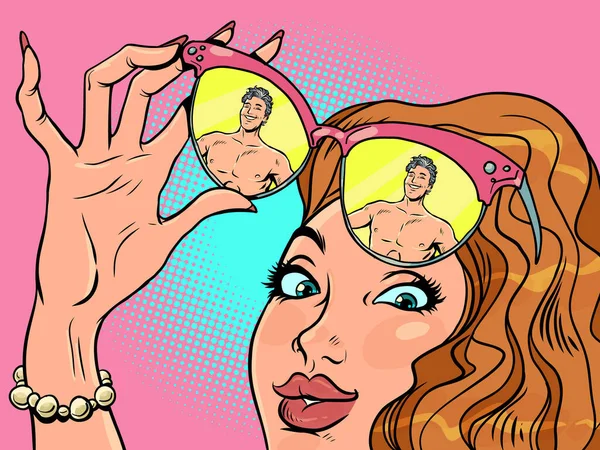 ビーチでの休暇 マニキュアのついた女性の手はサングラスをかけ 顔は男を見ている メガネの反射 漫画ポップアートレトロベクトルイラストハンドドローイング — ストックベクタ