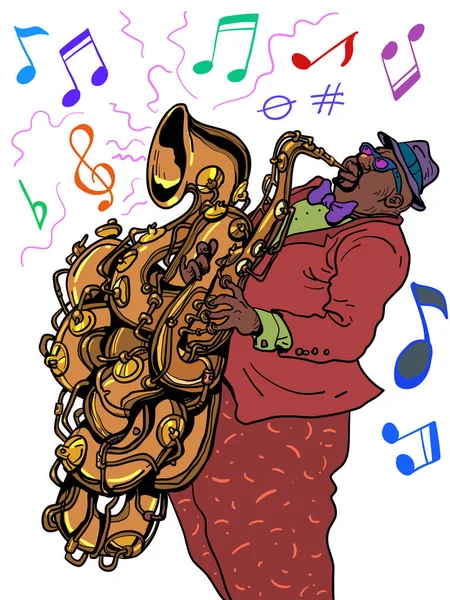 Instrumento Musical Notas Hombre Toca Saxofón Jazz Restaurante Club Caricatura — Vector de stock