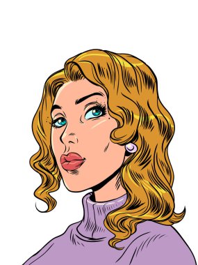 Yeni koleksiyonunda kadın modeller poz veriyor. Hayal et ya da bir şeyler düşün. Kazaklı kız başka tarafa bakıyor. Çizgi roman pop sanat retro vektör illüstrasyon el çizimi. Beyaz bir arkaplanda