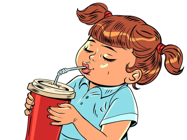 子供や家族のためのファーストフードレストラン 水とコーラを飲んで 藁でガラスから酒を飲む少女 漫画ポップアートレトロベクトルイラストハンドドローイング — ストックベクタ