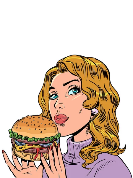 快餐馆准备汉堡包 那女孩手里拿着一个汉堡包 漫画流行艺术还原矢量插图手绘 背景是白色的 — 图库矢量图片