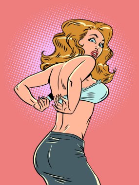 Bir ofis çalışanının aceleci sabahı. Sarışın sütyen takmaya çalışıyor. Kızlar için iç çamaşırı mağazası. Çizgi roman pop sanat retro vektör illüstrasyon el çizimi