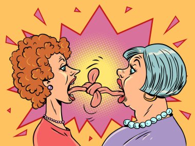 Dil bazen bir bıçaktan daha çok acıtır. İnsanlar arasında tartışmak iyi bir şeye yol açmaz. İki yaşlı kadın birbirine dolanmış dillerle karşı karşıya duruyor. Çizgi film pop sanatı retro