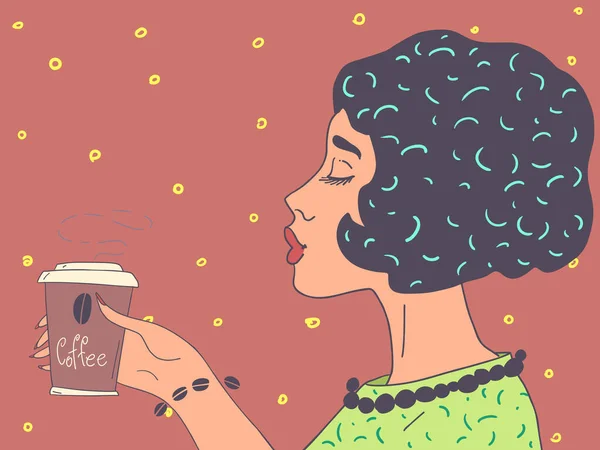 おいしいとホットドリンクとスナックバー 朝のおいしいコーヒー 女の手はコーヒーを一杯持っている 漫画ポップアートレトロベクトルイラストハンドドローイング — ストックベクタ