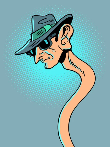 見知らぬ人のデータや秘密をスパイ 不審な活動はエージェントやスパイによって中和されます 帽子と眼鏡の盗聴器に長い首を持つ男 漫画ポップアートレトロベクトル — ストックベクタ