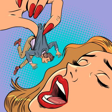 Aile içi şiddet. Cinsiyet eşitsizliği. Bir kadın takım elbiseli küçük bir adamı yiyor. Çizgi roman pop sanat retro vektör illüstrasyon el çizimi