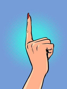 Manikürlü bir kızın işaret parmağı. Kadın parmağı yukarı işaret ediyor. Çizgi roman pop sanat retro vektör illüstrasyon el çizimi