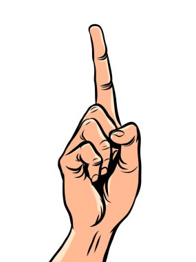 Genç bir adamın işaret parmağı. Erkekler el kaldırıyor. Çizgi roman pop sanat retro vektör illüstrasyon el çizimi. Beyaz bir arkaplanda