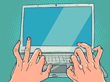 Uzaktan çalışma, meslektaşlar ve üstlerle iletişim. İnsan parmakları dizüstü bilgisayarda klavye kullanıyor. Çizgi roman pop sanat retro vektör illüstrasyon el çizimi