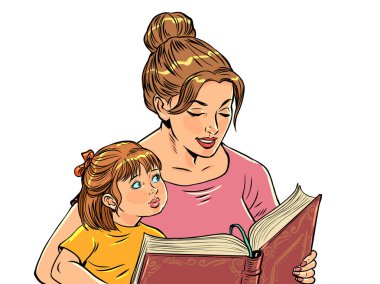 Çocukların okul öncesi eğitimi. Anne ve çocuklar arasındaki ilişki. Bir kadın bir kıza kitap okuyor. Çizgi roman pop sanat retro vektör illüstrasyon el çizimi. Beyaz bir arkaplanda.