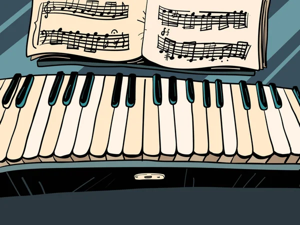 用乐器购物 带音符的钢琴生活就是古典音乐 黑白键漫画流行艺术复古矢量插图手绘 — 图库矢量图片