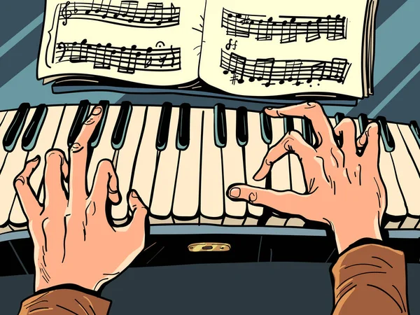 音楽店 音楽院で勉強しています ミュージシャンがピアノを弾いている ジャズまたはクラシックコンサート漫画ポップアートレトロベクターイラスト手描き — ストックベクタ