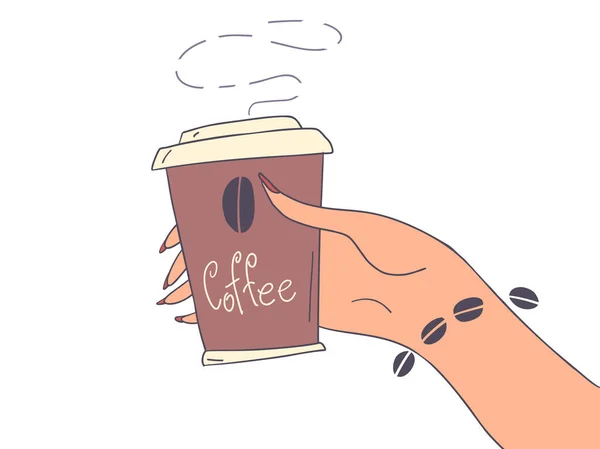 おいしいとホットドリンクのスナックバー 品質のコーヒーメーカー 女性の手はコーヒーを一杯持っている 漫画ポップアートレトロベクターイラスト手描き 白い背景に — ストックベクタ