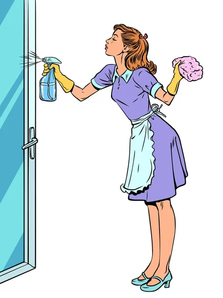 清洁你的家的服务 负责任的家庭主妇正在打扫房子 一个穿制服的女孩洗玻璃门 漫画流行艺术还原矢量插图手绘 在一个白色的 — 图库矢量图片