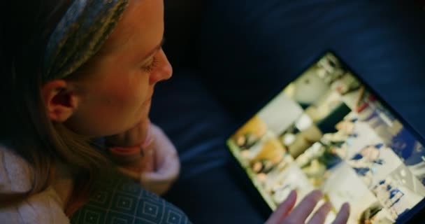 Young Modern Woman Working Digital Tablet Browsing Social Media — Vídeo de stock