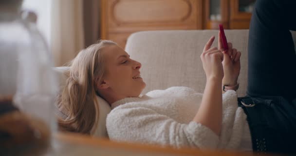 Modern Woman Browsing Social Media Texting Shopping Online Using Smartphone — Vídeo de stock