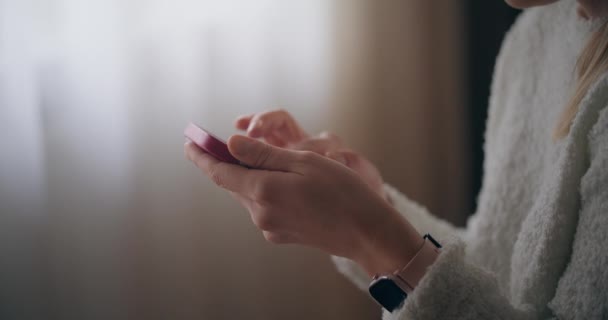 Modern Woman Browsing Social Media Texting Shopping Online Using Smartphone — Vídeos de Stock