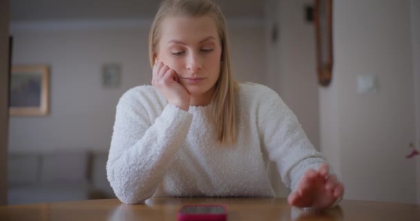 Portrait Impatient Woman Waiting Call Home Important Call Nervous Pensive — Stock Video