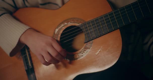 Portrait Woman Playing Acoustic Guitar Home Composing Music Songwriting — 图库视频影像