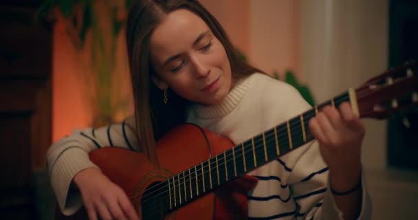 Portrait Woman Playing Acoustic Guitar Home Composing Music Songwriting — Stockvideo