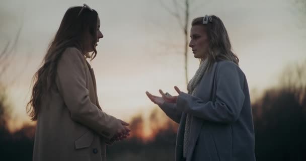 Porträtt Två Kvinnor Som Går Utomhus Och Pratar Pratar — Stockvideo