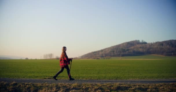 Mulher Está Engajando Caminhada Nórdica Livre Desfrutando Benefícios Exercício Natureza — Vídeo de Stock