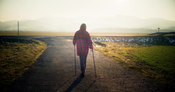 Γυναίκα Συμμετέχει Στο Σκανδιναβικό Περπάτημα Εξωτερικούς Χώρους Απολαμβάνοντας Οφέλη Της — Αρχείο Βίντεο
