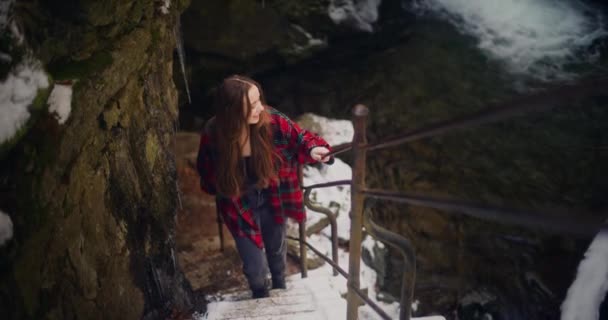 女性旅行者は自然の美しさに心の平和を見つけ 山脈をハイキングし 素晴らしい景色の中で人生を熟考します — ストック動画