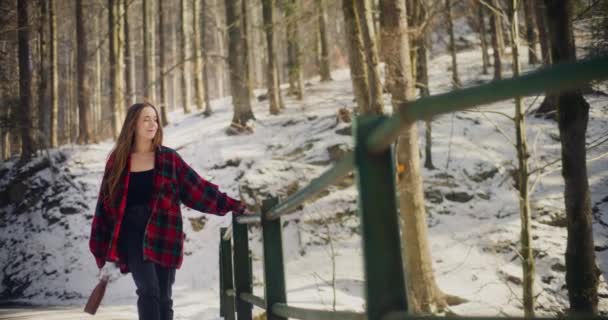 Piękny Zimowy Dzień Kobieta Turysta Spaceruje Majestatycznych Górach Biorąc Wspaniałe — Wideo stockowe