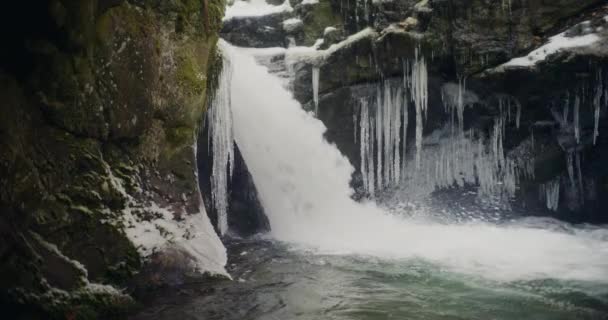 冬天的瀑布从山上流下来 带来了清澈的水和美丽的冰雪覆盖的高山和结冰的树木景观 营造了宁静祥和的氛围 — 图库视频影像