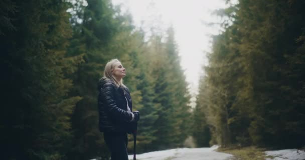 Frau Genießt Nordic Walking Den Bergen Und Wäldern Wanderungen Und — Stockvideo