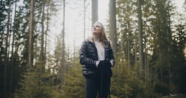 Mujer Disfruta Caminar Nórdico Las Montañas Bosques Excursión Participar Actividades — Vídeos de Stock